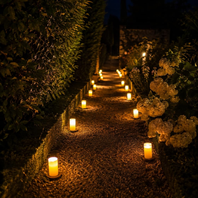 Allée de jardin illuminée par des bougies LED pour décoration romantique de mariage et événement à Agen. Location pour mariages en Lot-et-Garonne.